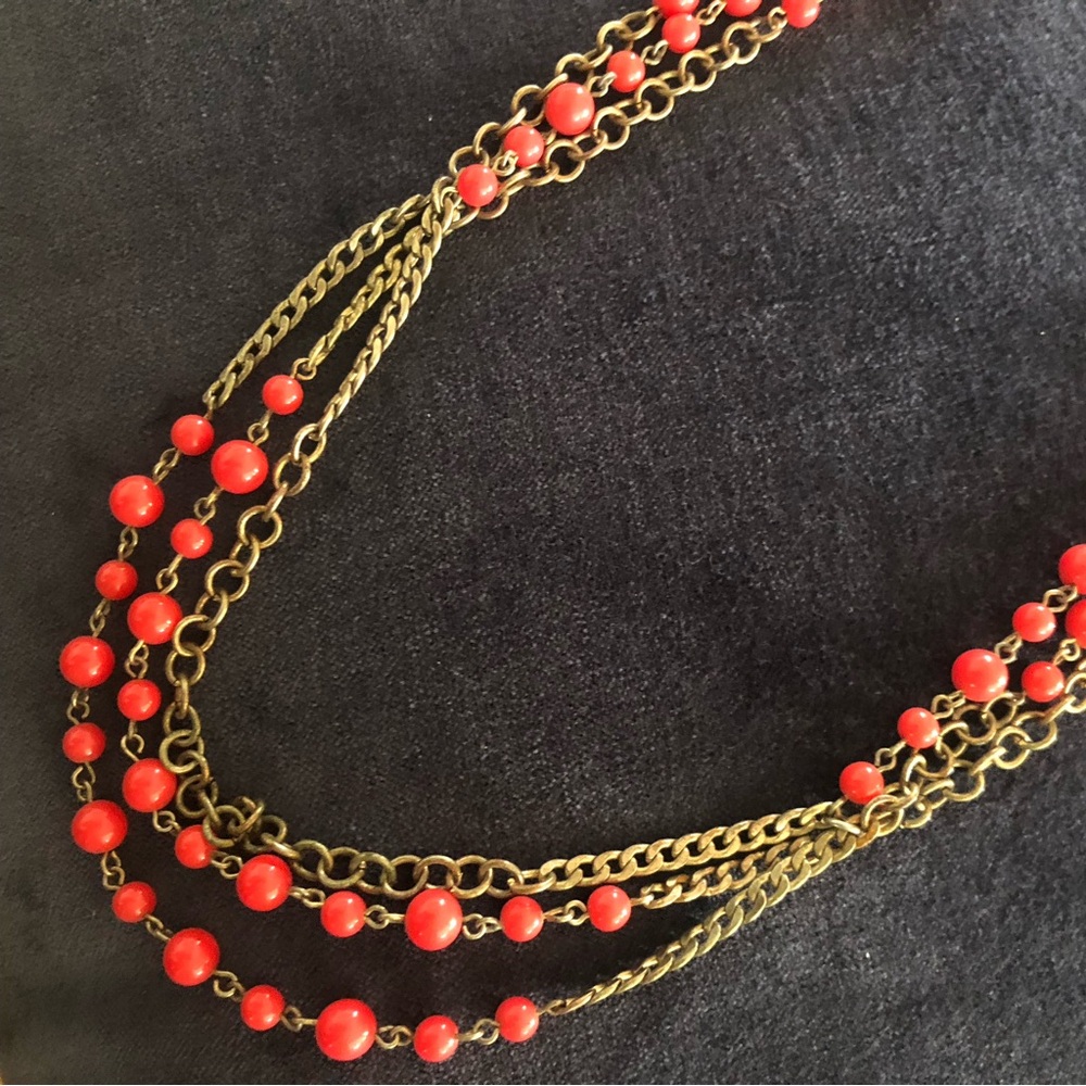 J CREW Long 3-Strand Beaded Poppy Red & Antique Gold Toned Necklace